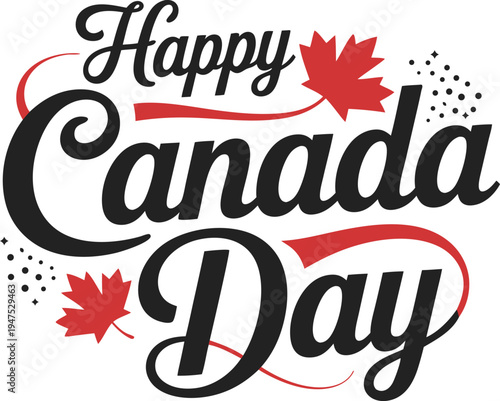 Happy Canada Day Vector Lettering with Red Maple Leaves and Decorative Swirls on White Background
