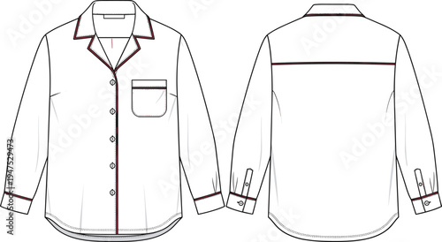 Men long sleeve button shirt front and back view fashion technical drawing apparel flat sketch vector template