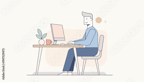 Streamlined minimalist illustration depicting a professional diligently engaged in digital work at a clean desk, symbolizing focused productivity and modern remote work efficiency