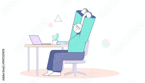 Young Person Stretching at Desk with Laptop, Working from Home or Office