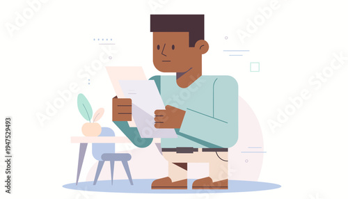 Man reading document at desk in office setting, business professional concept