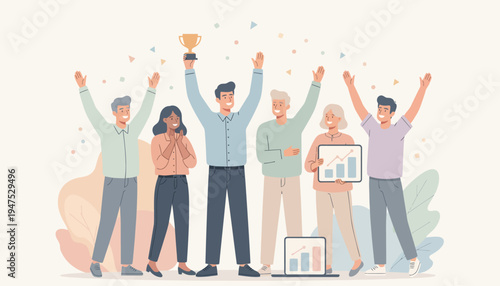 Successful Team Celebrating Victory with Trophy and Growth Charts