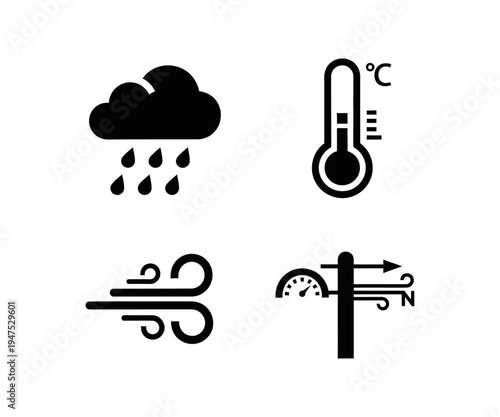 Set of weather icons rain cloud, thermometer, wind, and weather vane for forecast and climate information