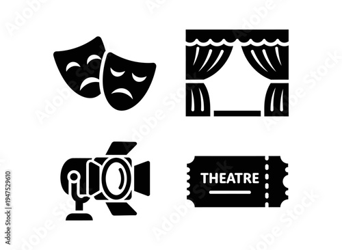 Collection of essential theater and drama icons, including classic comedy and tragedy masks, an illuminated stage, a powerful spotlight, and an event ticket, ideal for performing arts concepts