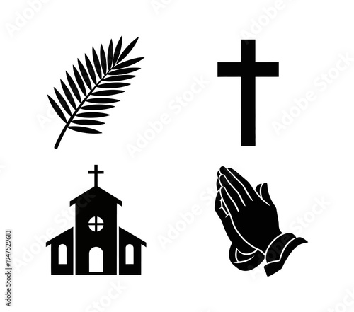 Vector illustration set of core Christian faith symbols, including a sacred cross, a church building, reverent praying hands, and a symbolic palm leaf, perfect for religious design concepts