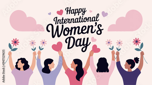 Diverse women celebrate international women's day with flowers and hearts in a festive atmosphere