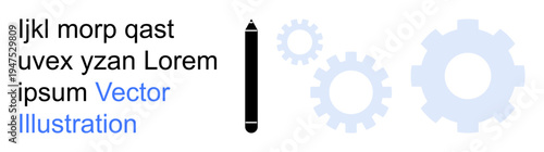 Education, engineering, graphic design, creativity, technical writing, innovation. Black pencil with text and blue gear shapes. Graphic design and engineering concept