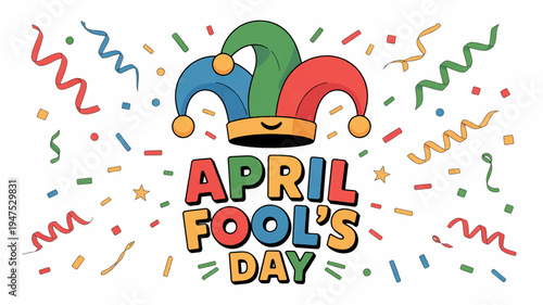 Colorful april fool's day celebration graphic with jester hat and confetti on white background