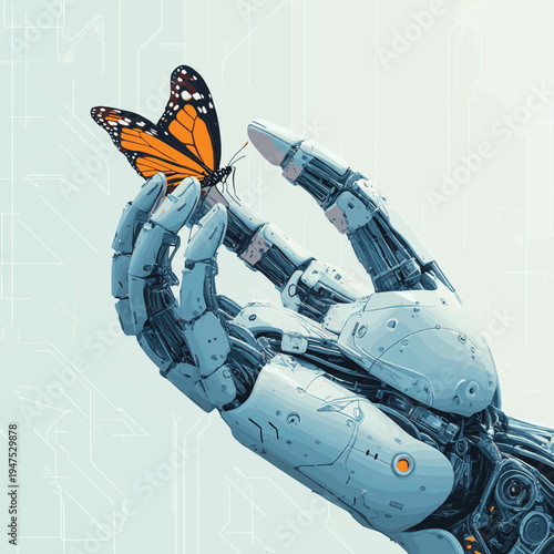 Robotic hand with a butterfly resting on its finger in a futuristic and digital environment , vector style simple color