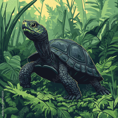 Close up of a dark turtle in a natural setting surrounded by green vegetation and mossy ground cover , vector style simple color