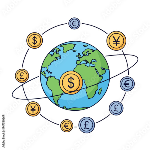 The earth is surrounded by orbiting coins representing different currencies
