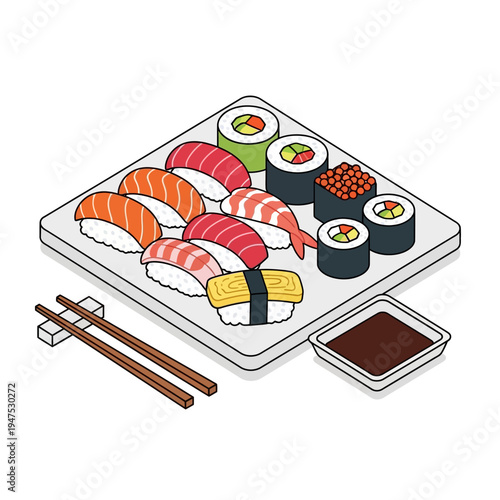 A plate of assorted sushi and maki rolls.