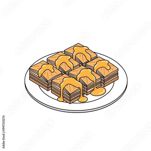 A plate of pancakes with caramel sauce.