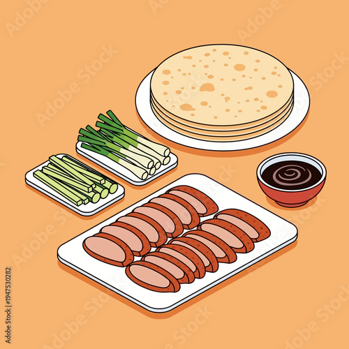 Delicious food with pancakes and meat.