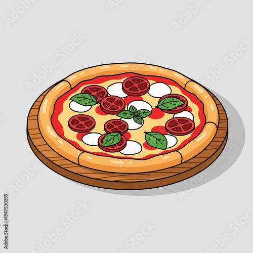 Delicious homemade pepperoni pizza on wooden plate.
