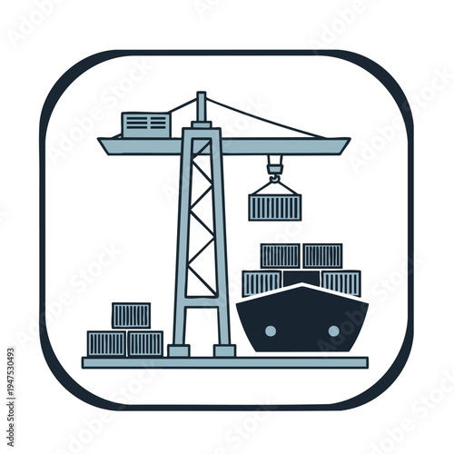 A stylized crane lifts a container onto a cargo ship docked at port