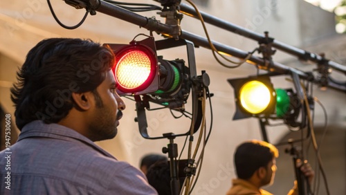Film crew sets up lighting equipment at Indian film city in Mumbai creating vibrant atmosphere