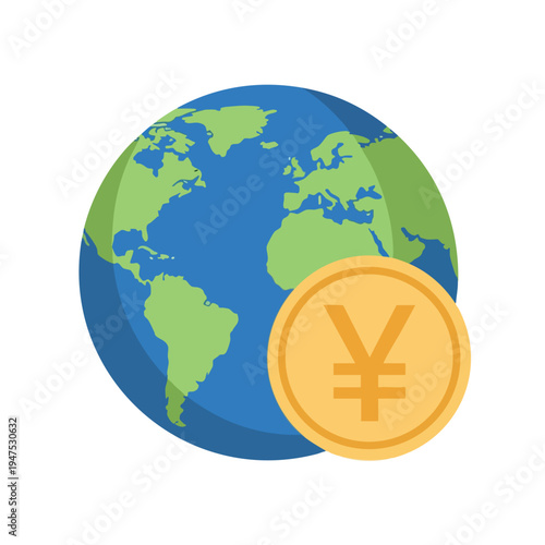A golden coin with a yen symbol rests on a stylized planet Earth