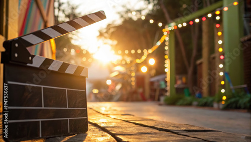 Film clapperboard rests on wooden surface in vibrant Indian film city of Mumbai with colorful lights and warm sunset in background