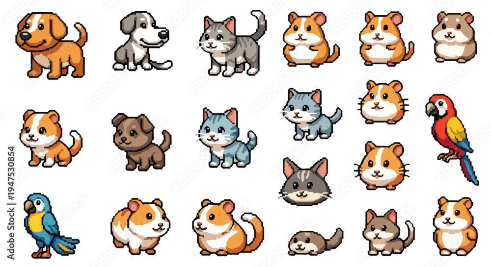 Obraz premium A collection of cute pixel-art pets and animals, including various dogs, cats, hamsters, and parrots, displayed on a white background.