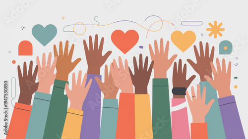 Diverse hands raised with colorful hearts and symbols representing unity love and support in a vibrant illustration