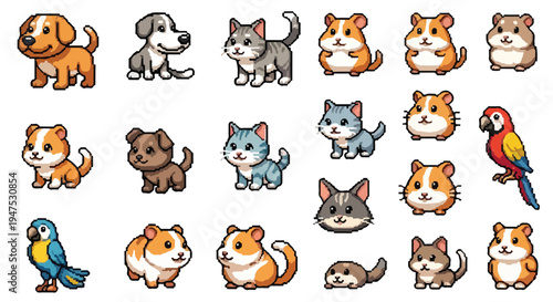 A collection of cute pixel-art pets and animals, including various dogs, cats, hamsters, and parrots, displayed on a white background.