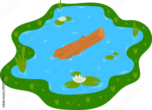 Kolam dengan Kayu Terapung Dan Bunga