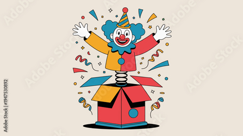 Clown jumping out of colorful box with confetti and balloons celebrating fun and surprise party