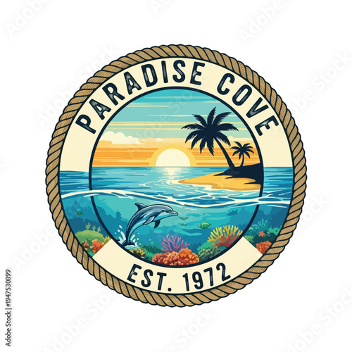 Coastal scene with a leaping dolphin over coral, palm trees, and a sunset