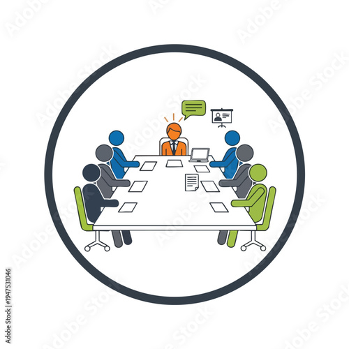 Seven figures in a meeting around a table, one with idea lights