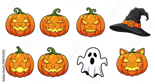 Halloween icons including jack o lanterns witch hat and ghost