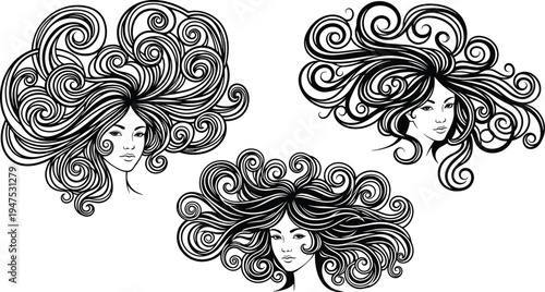 beautiful woman face, curly flowing hair, decorative swirl hairstyle, fashion beauty portrait, elegant female illustration, ornamental hair design vector