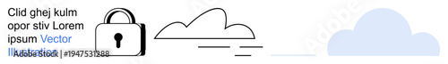 Data protection, cybersecurity, cloud storage, privacy, IT services, secure access. Lock icon alongside cloud design elements. Data protection and cybersecurity concept
