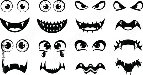 Halloween monster face elements set, spooky eyes mouths fangs collection, scary cartoon expressions, horror character parts vector isolated