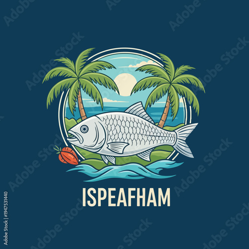 Stylized tropical island scene with fish, palm trees, sun, and waves