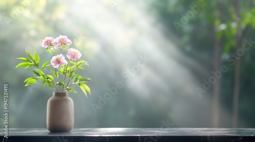 Pink flower arrangement in vase with sun rays and green foliage background