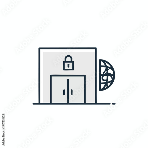 A locked building with a globe icon representing global security and data protection