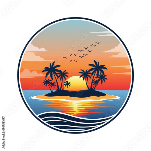 Tropical island sunset with palm trees and flying birds within a circle