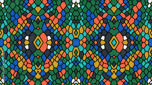 Vibrant Colorful Mosaic Geometric Pattern Background with Symmetrical Kaleidoscope Shapes and Stained Glass Effect for Textile and Graphic Design