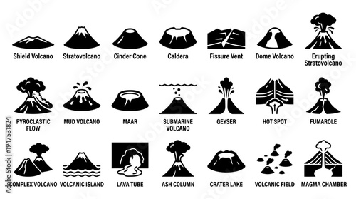 Volcano Types and Geological Features Icon Set - Collection of 21 Volcanic Icons including Shield, Stratovolcano, Caldera, Magma Chamber and More for Education and Infographics