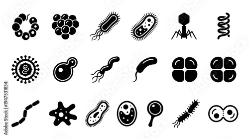 Set of Vector Microbiology Icons Featuring Various Bacteria, Viruses, and Pathogenic Microorganisms in a Flat Black Silhouette Style for Medical and Scientific Design