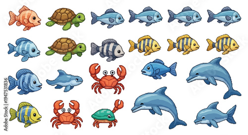 This image displays a collection of diverse pixel-art style marine and aquatic animals, including various fish, turtles, crabs, and dolphins.