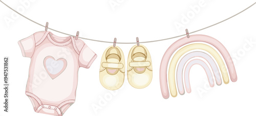 Gentle watercolor illustration depicting a newborn's onesie, soft booties, and a dreamy pastel rainbow drying on a clothesline, ideal for baby arrival celebrations