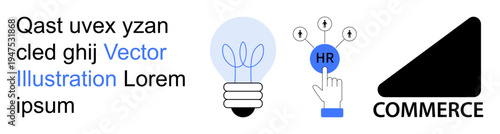 Business planning, HR solutions, ideas generation, innovation, online shopping, workplace strategy. A light bulb, HR interaction and commerce illustration. HR solutions and business planning