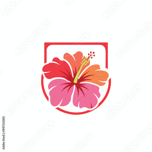 Colorful hibiscus flower design within a red crest shape on white