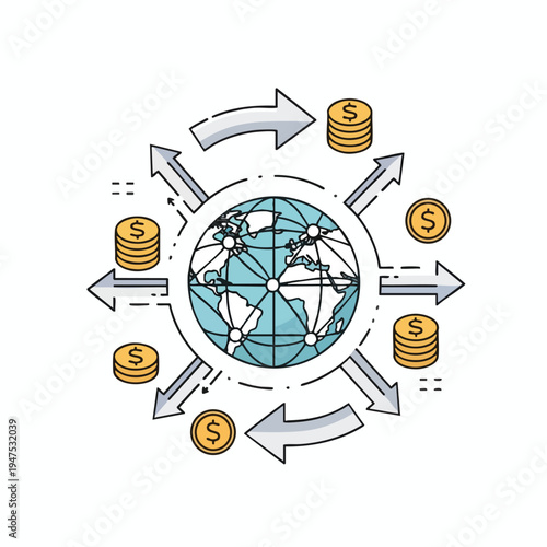 Global financial network with circulating coins and arrows