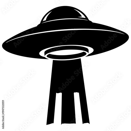 A black and white image of a flying saucer isolated on transparent background, Vector