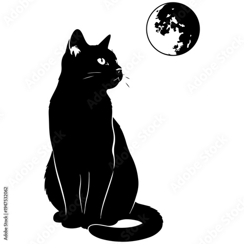 A black cat looking up at the moon isolated on transparent background, Vector
