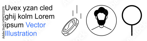 Identity, online search, currency, personal branding, digital transactions, verification. Human profile, magnifying glass and coin symbol . Identity and online search-themed