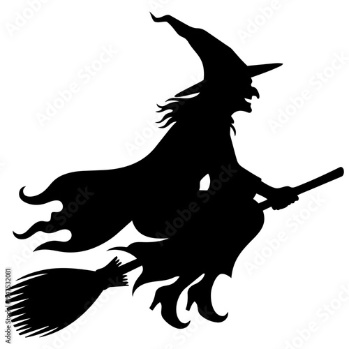 A black silhouette of a witch flying on a broomstick isolated on transparent background, Vector